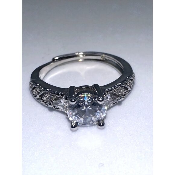 Cubic Zirconia Moissanite Silver Tone Adjustable Ring - Picture 4 of 8